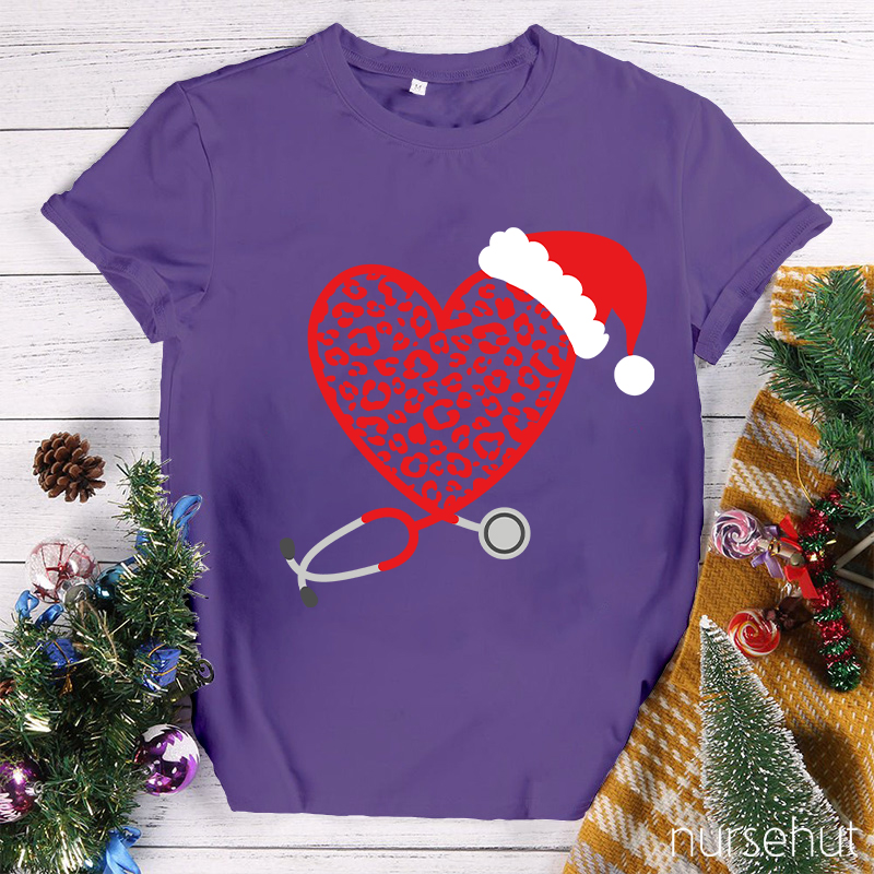 Leopard Red Heart Stethoscope Nurse T-Shirt