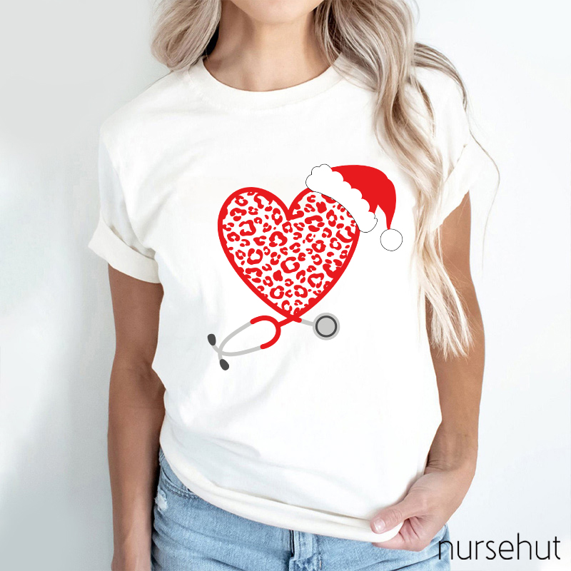 Leopard Red Heart Stethoscope Nurse T-Shirt