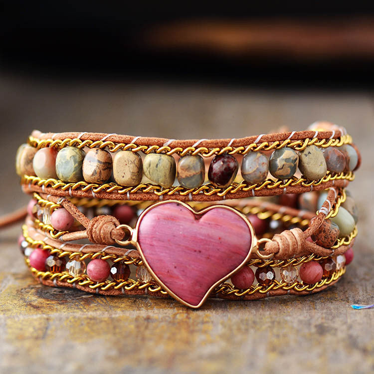 Red Grain Heart Stone Leather Bracelet Hand Woven