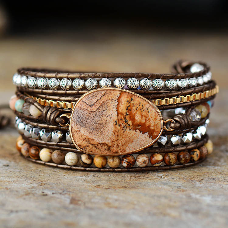 Painted Stone 5 Wrap Leather Bracelet