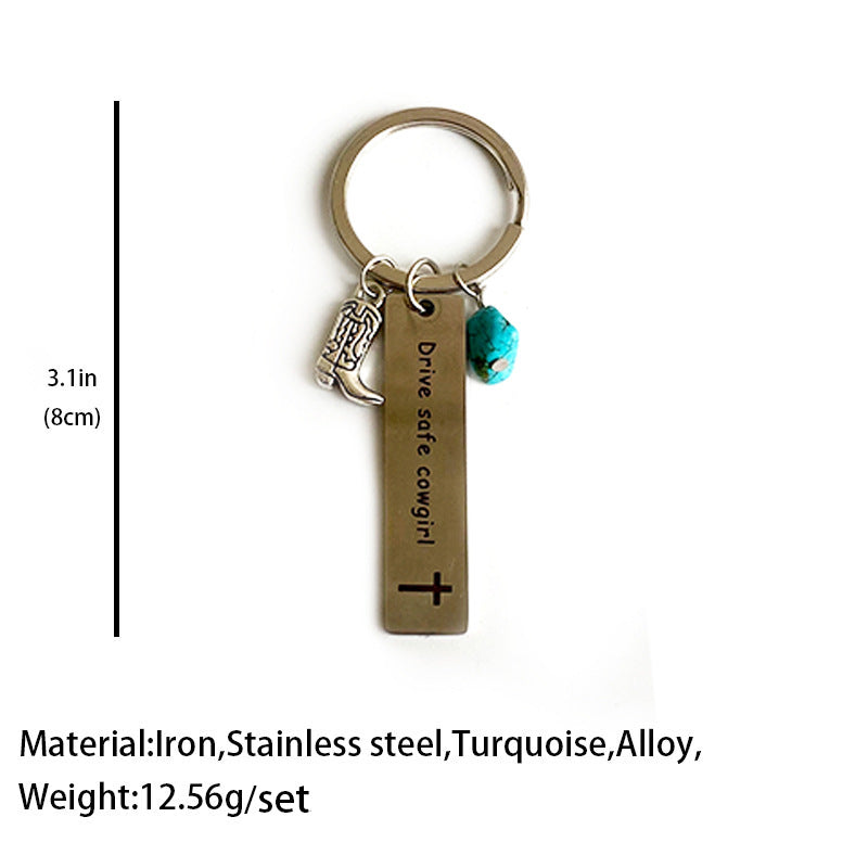 Western Cowboy Turquoise Metal Plate Creative Keychain