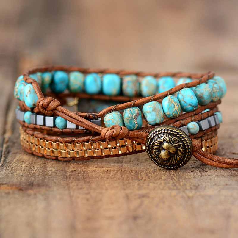 Gold Cut Corner Turquoise Bracelet Hand Braided Leather Cord