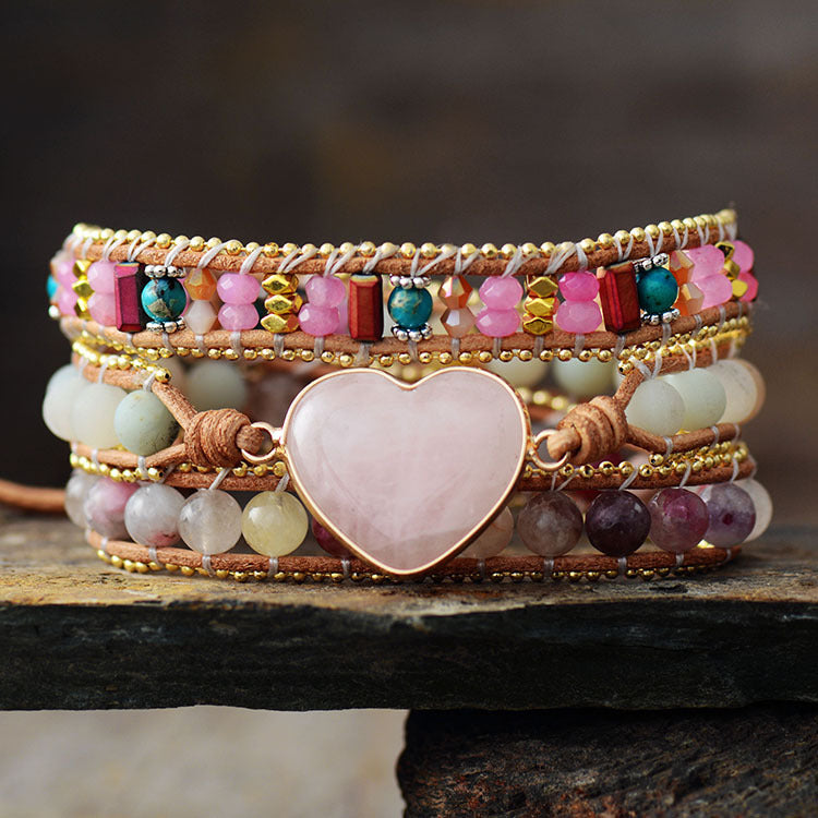 Pink Crystal Heart Leather Bracelet