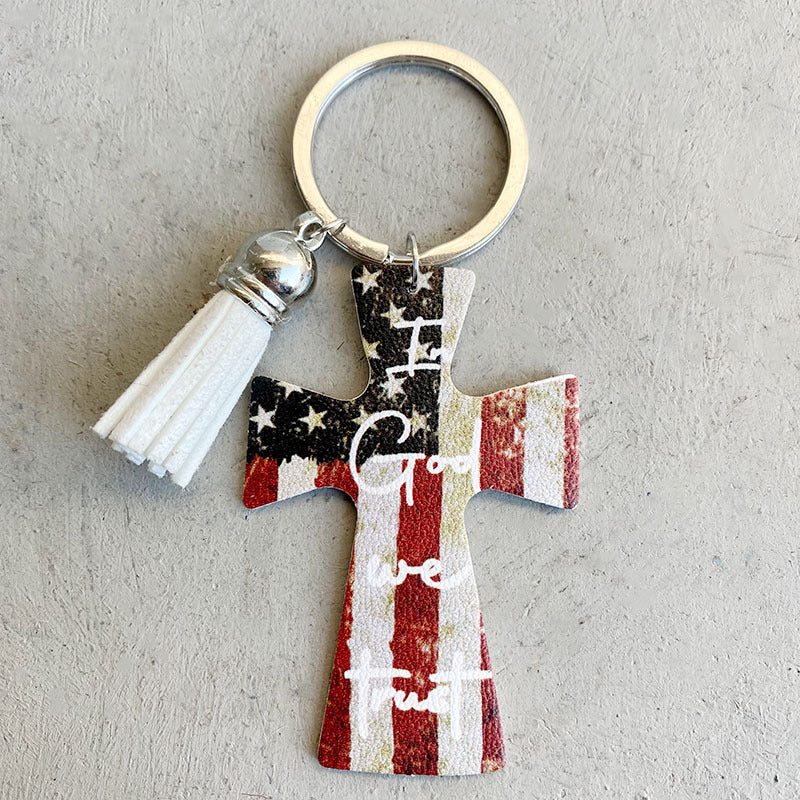 Cowboy Western Cross Leather Short Tassel Keychain