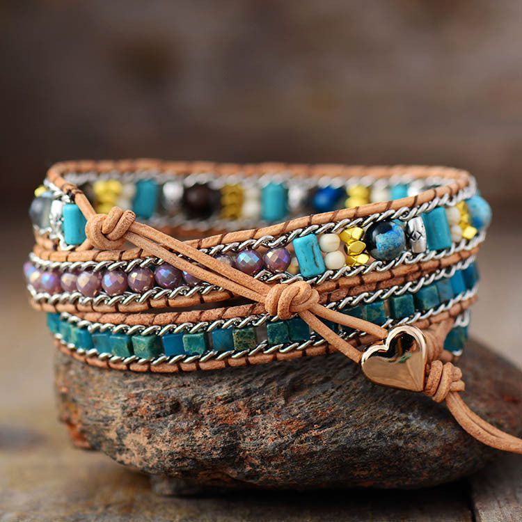 Heart Color Blue Opal Leather Bracelet