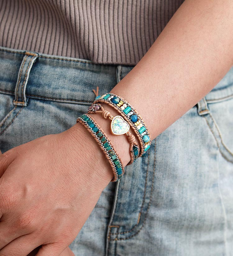 Heart Color Blue Opal Leather Bracelet
