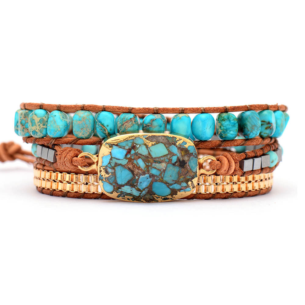 Gold Cut Corner Turquoise Bracelet Hand Braided Leather Cord