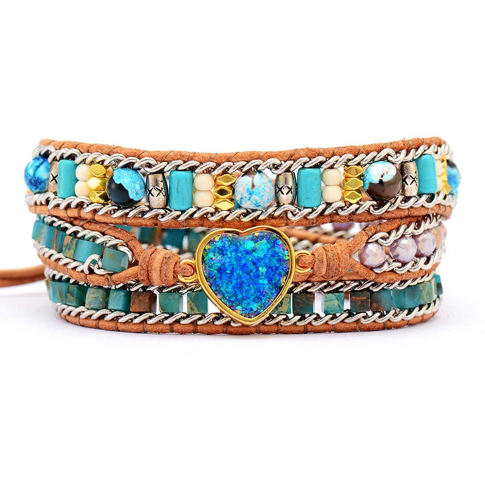Heart Color Blue Opal Leather Bracelet