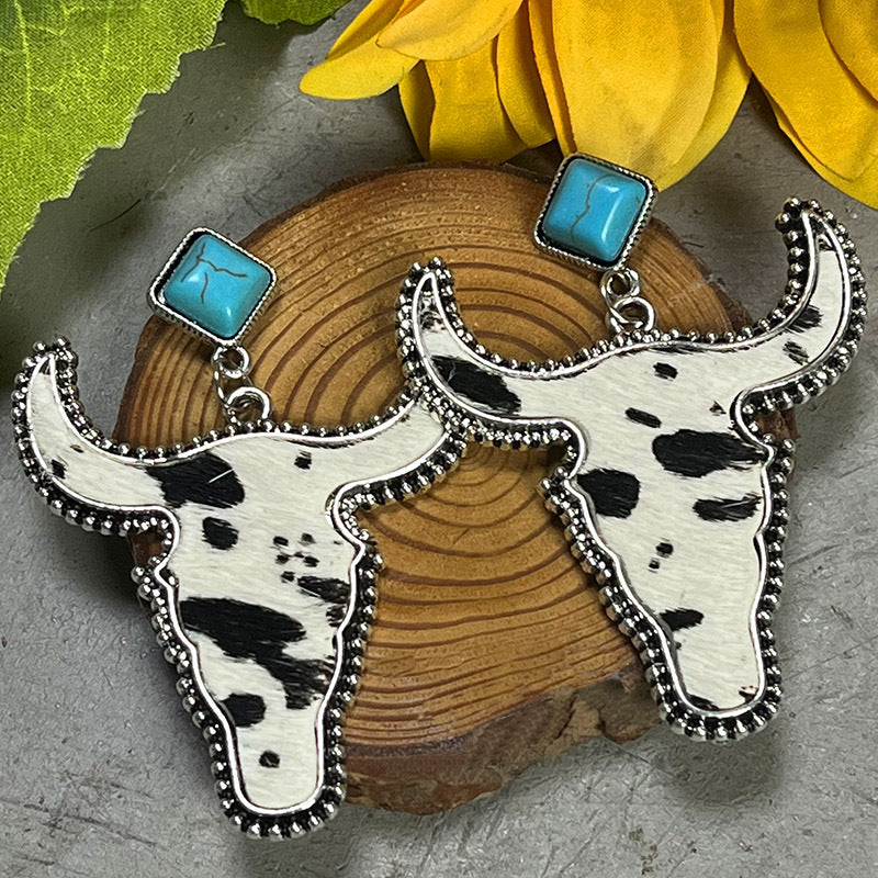 Leather Horsehair Bull Head Turquoise Western Earrings