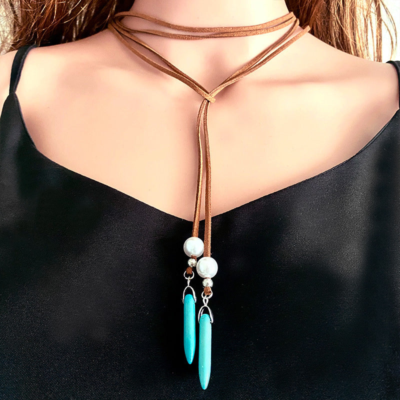 Turquoise Pearl Pendant Leather String Necklace