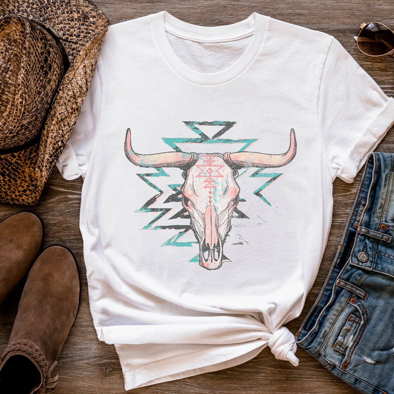 Boho Cow Skull Western Cowgirl Tees