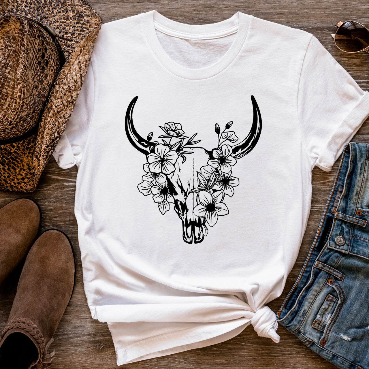 Floral Cow Skull Country T-shirt