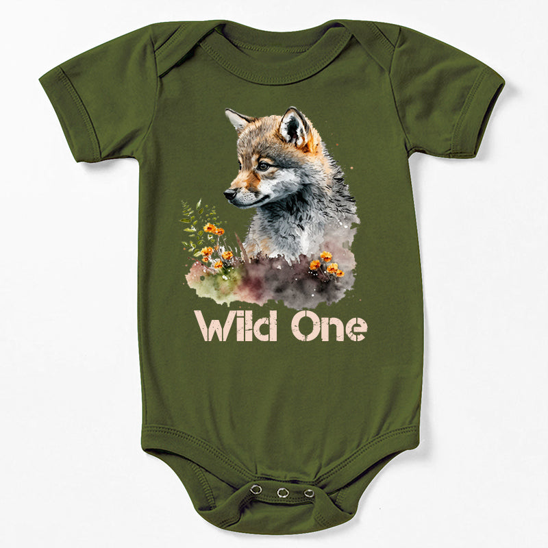 Wild One Floral Wolf Baby Bodysuit
