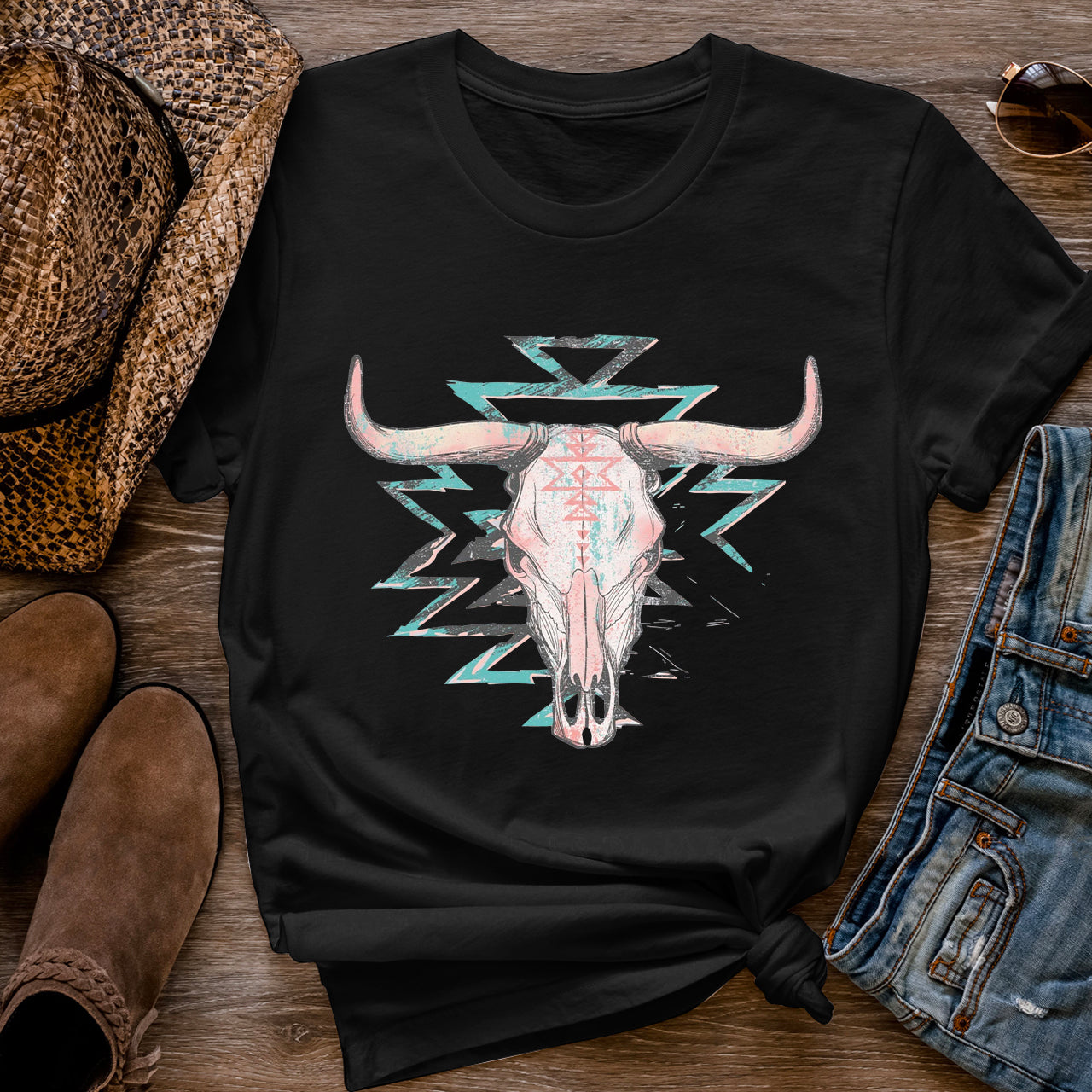 Boho Cow Skull Western Cowgirl Tees