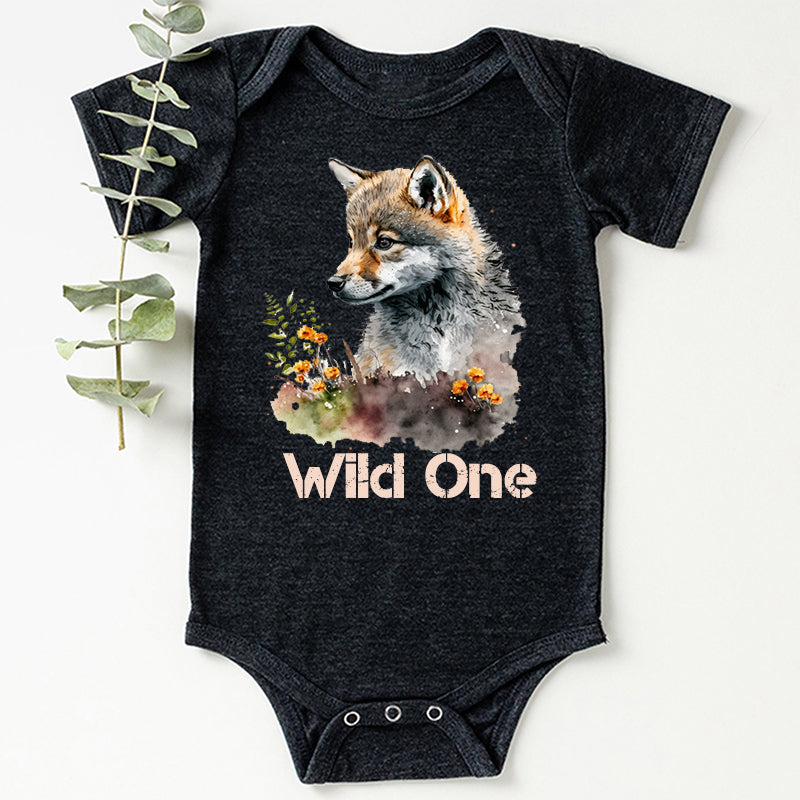 Wild One Floral Wolf Baby Bodysuit