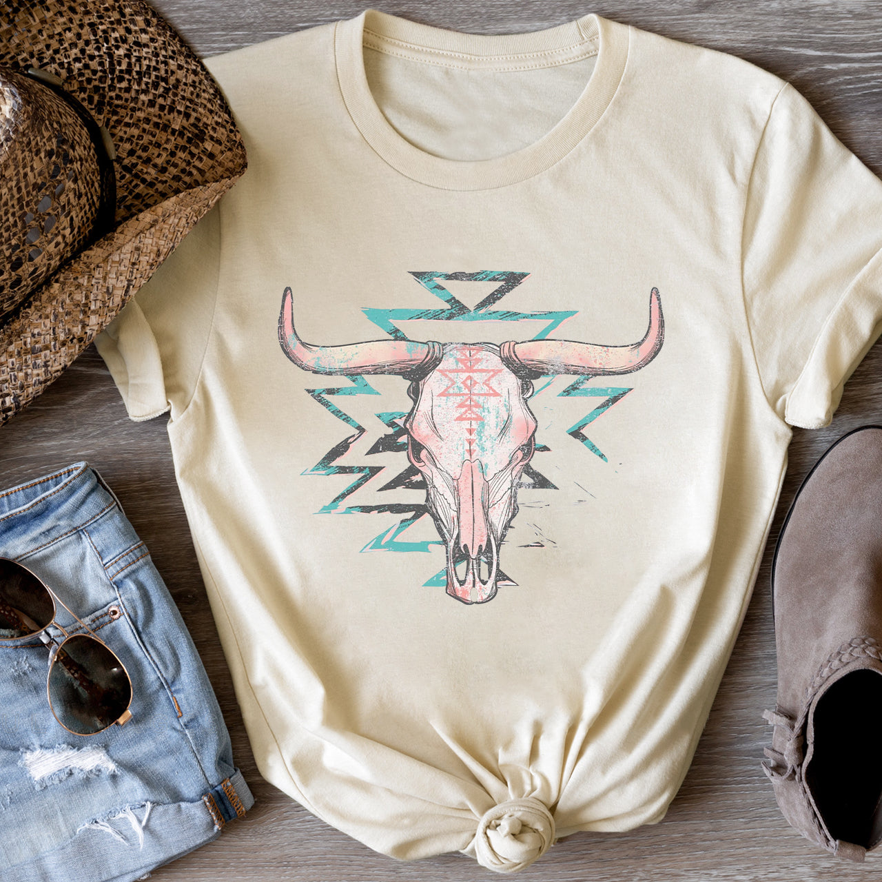 Boho Cow Skull Western Cowgirl Tees