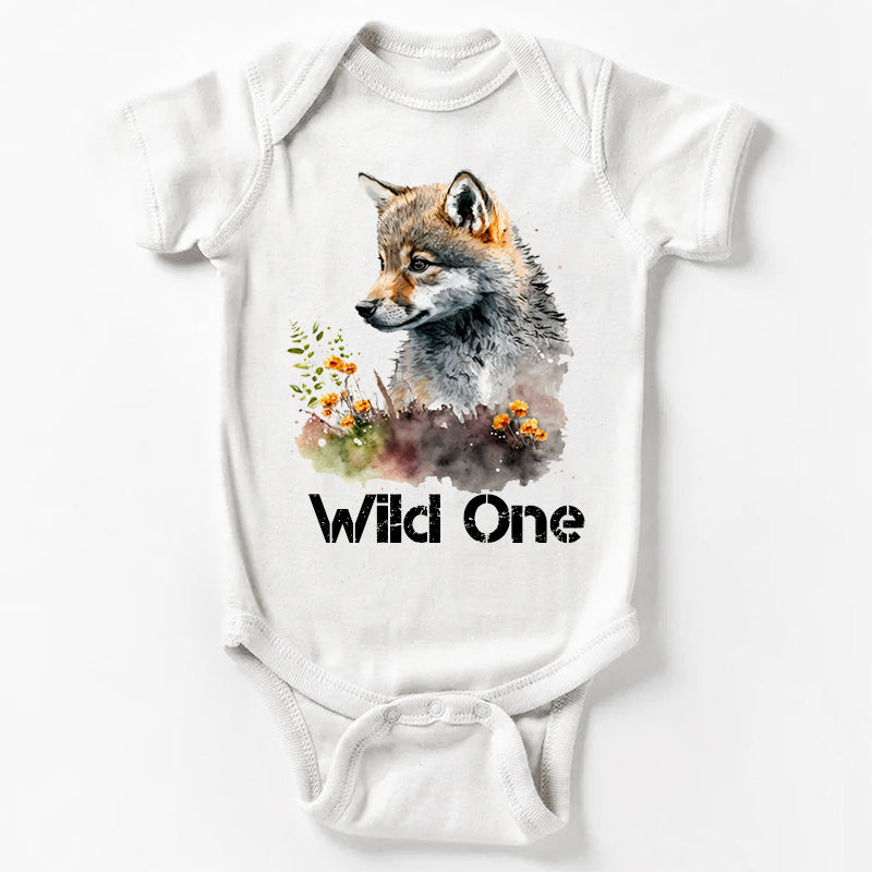 Wild One Floral Wolf Baby Bodysuit