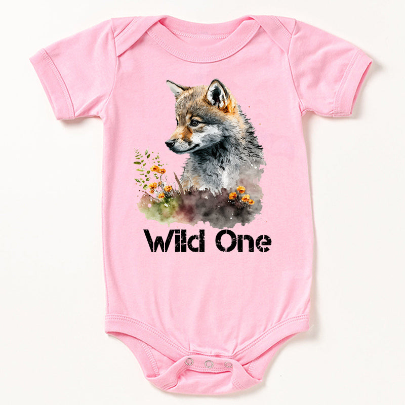 Wild One Floral Wolf Baby Bodysuit