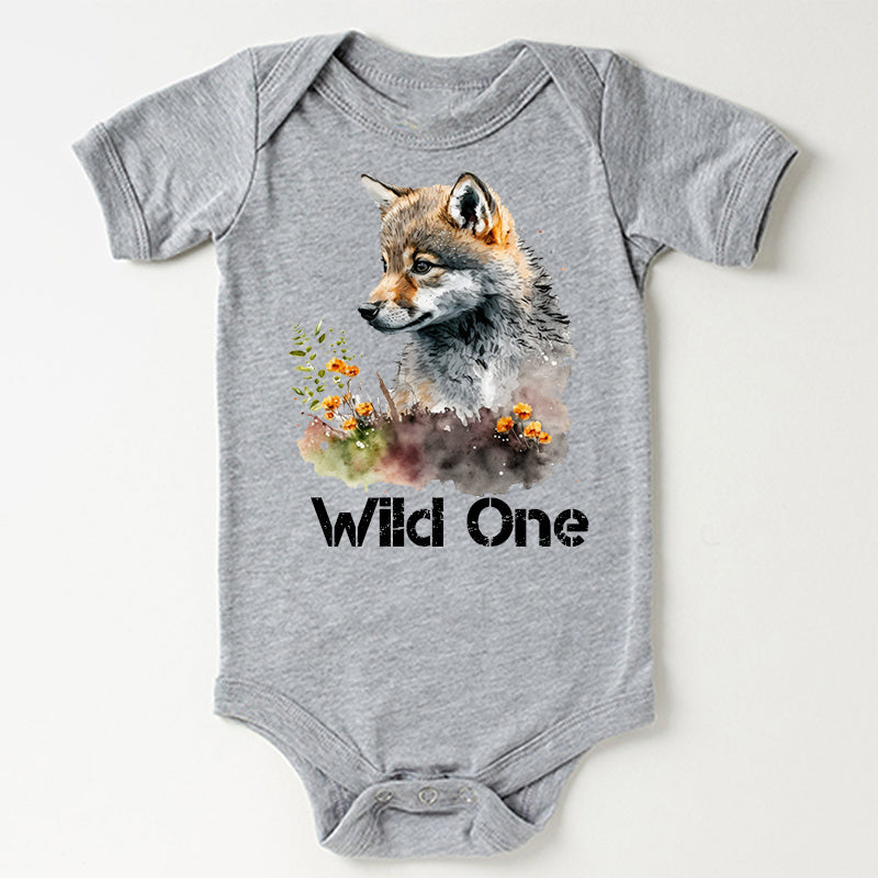 Wild One Floral Wolf Baby Bodysuit