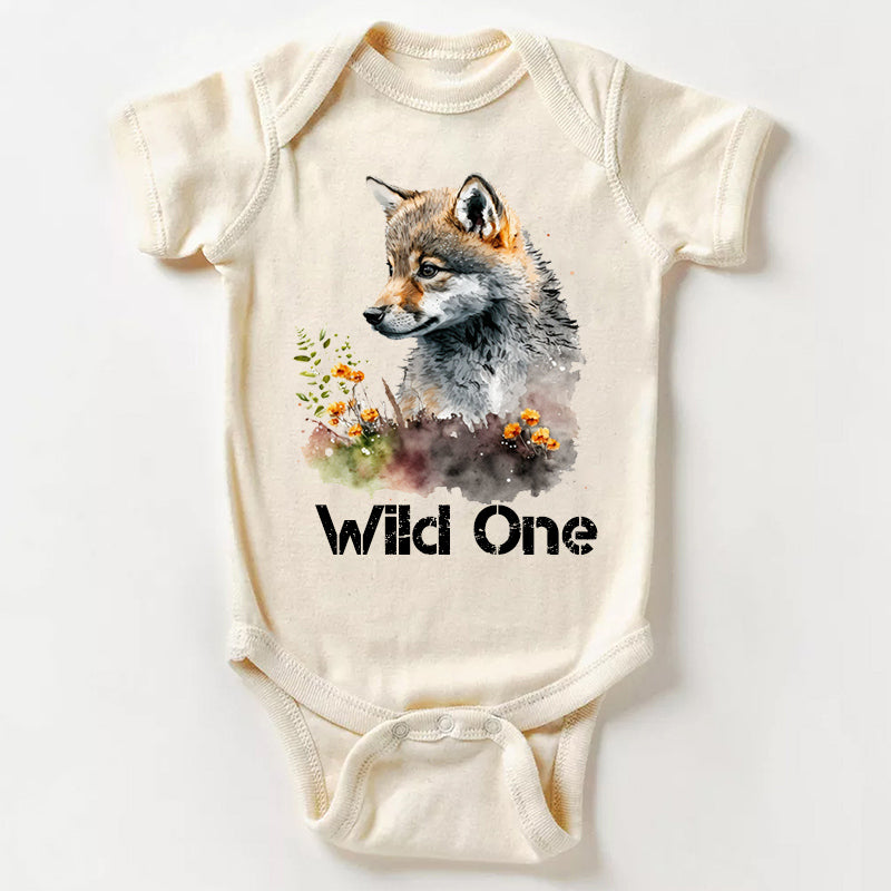 Wild One Floral Wolf Baby Bodysuit