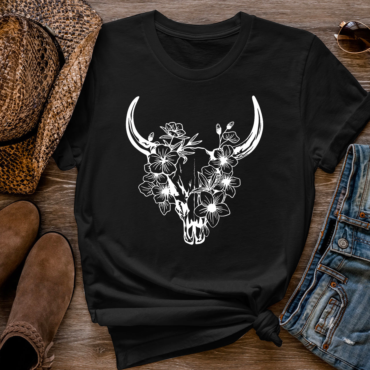 Floral Cow Skull Country T-shirt