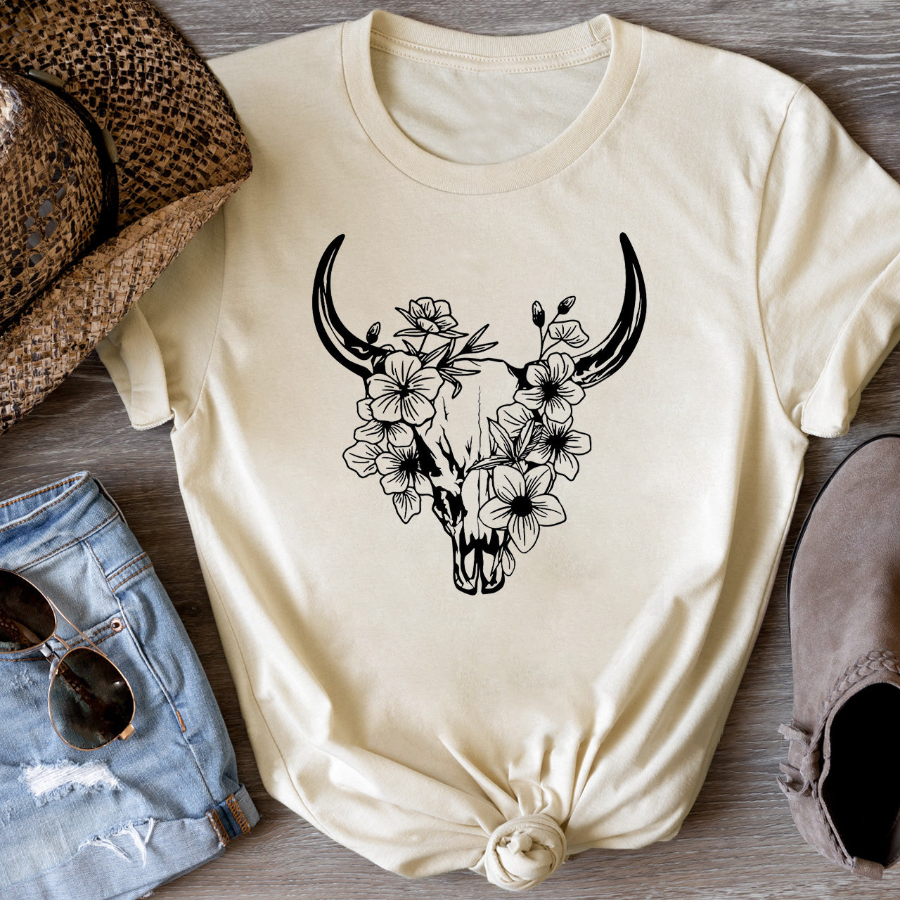 Floral Cow Skull Country T-shirt