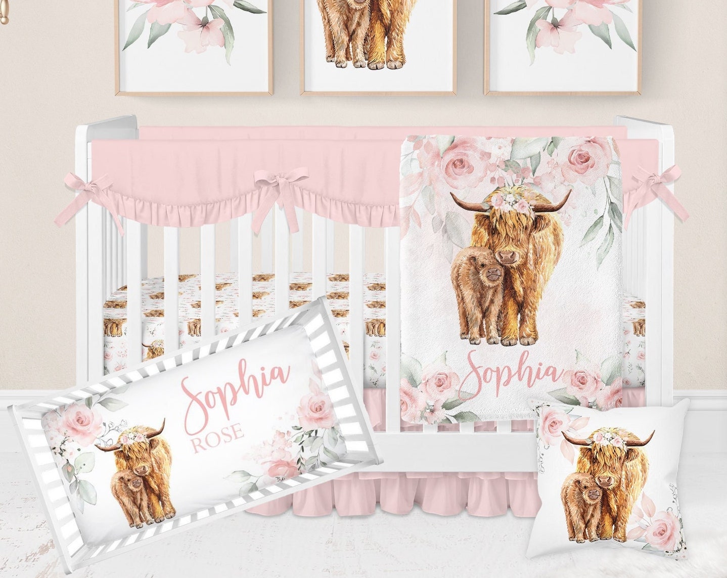 Personalized Highland Cow Pink Floral Baby Flannel Blanket