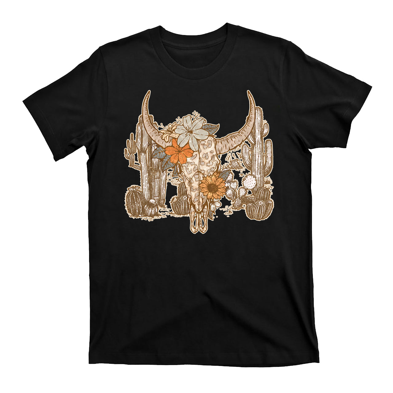 Western Desert Cow Skull Leopard Cactus Cowboy T-Shirts