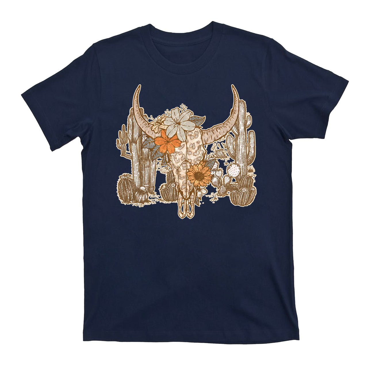 Western Desert Cow Skull Leopard Cactus Cowboy T-Shirts