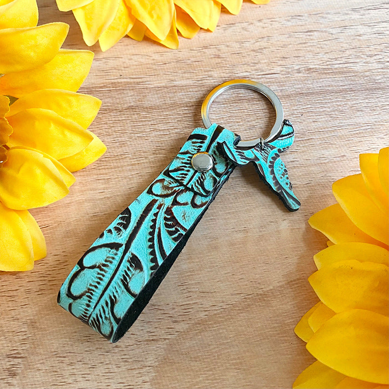 Vintage Western Denim Embossed Tassel Turquoise Keychain