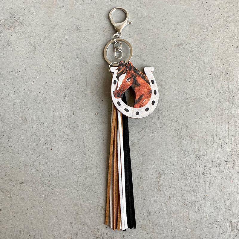Western Cowboy Tassel Pendant Wooden Keychain