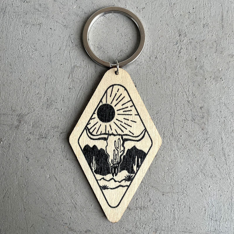 Western Cowboy Desert Cactus Bull Head Wood Keychain