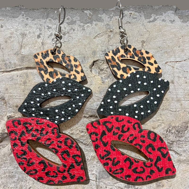 Retro Denim Lips Colorblock Leopard Print Earrings