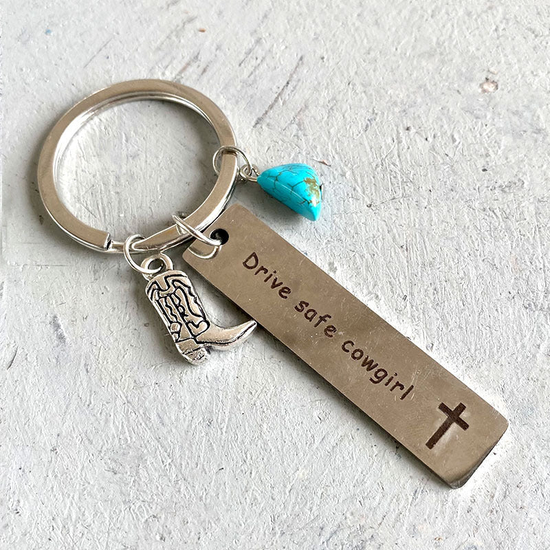 Western Cowboy Turquoise Metal Plate Creative Keychain