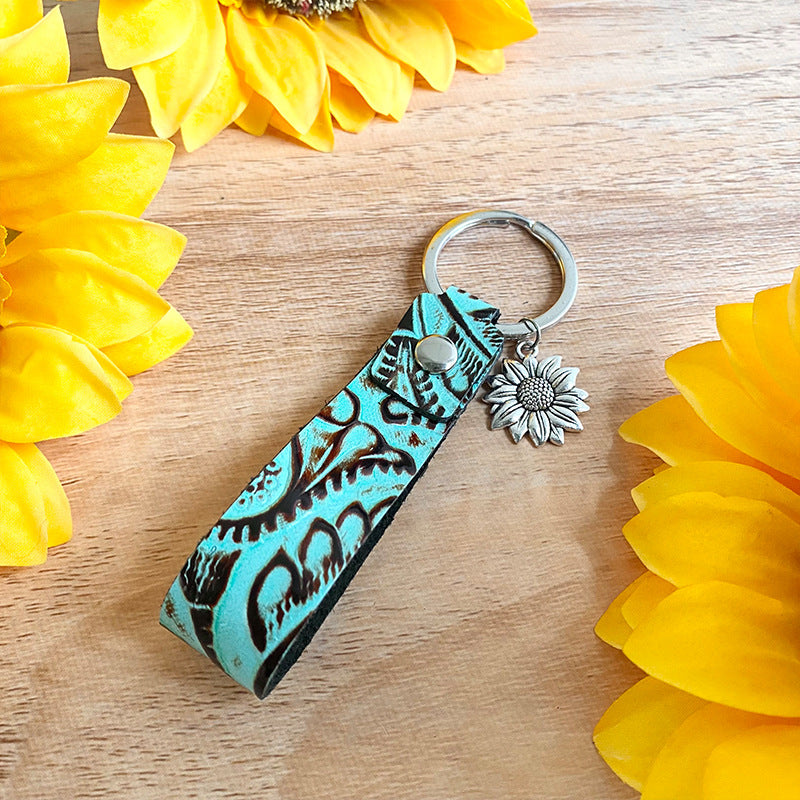 Vintage Western Denim Embossed Tassel Turquoise Keychain