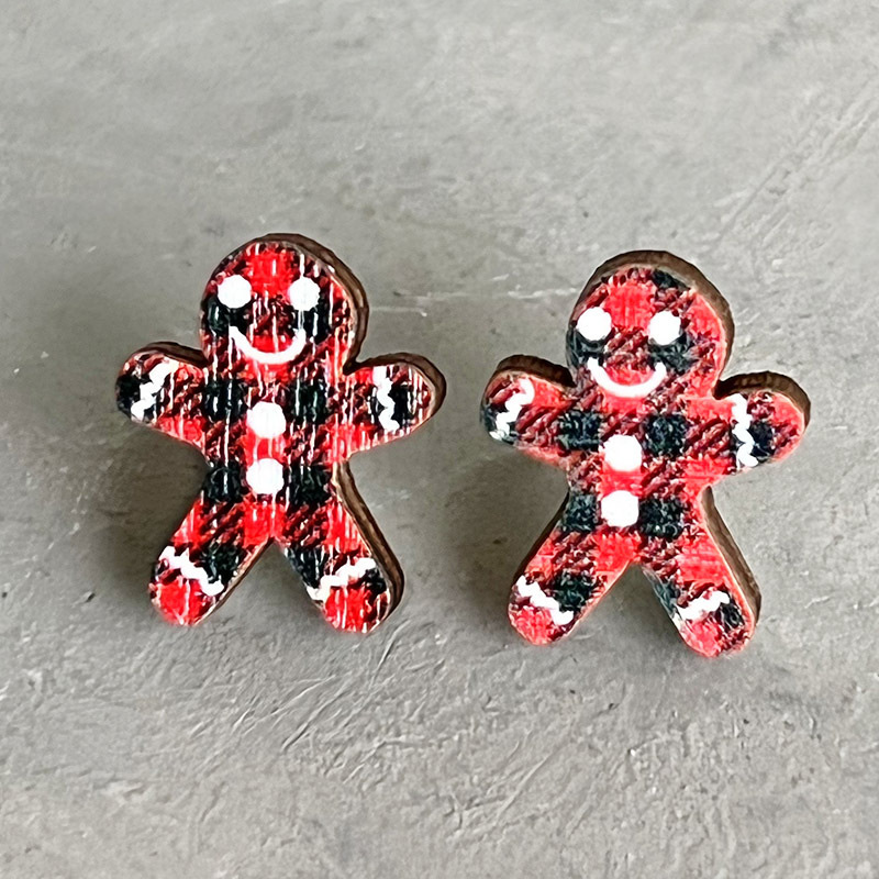 Red Plaid Gingerbread ManWooden Earrings