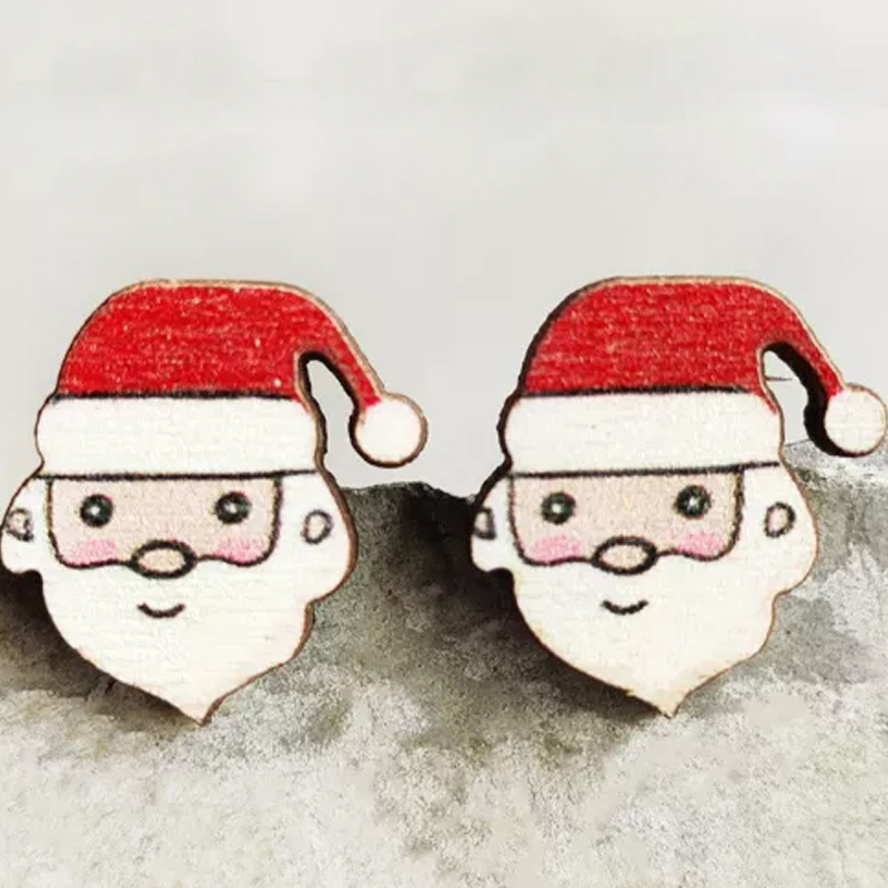 Cute And Happy Santa Wooden Earrings