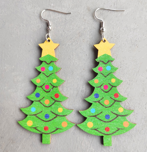 Happy Christmas Tree Wooden Earrings