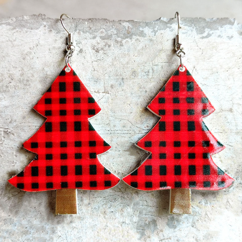 Red Plaid Tree Acrylic Earrings