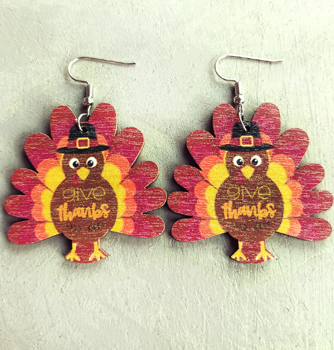 Thanks Giving Turkey Wooden Earrings