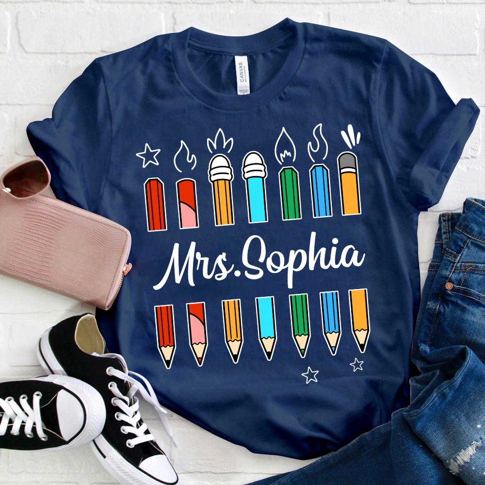 Personalized Colorful Pencil Teacher Name T-Shirt