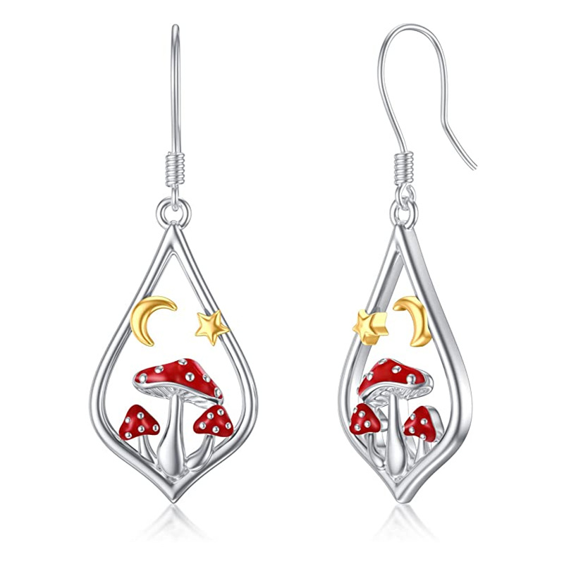 Unique Red Mushroom Gold Moon Star Earrings