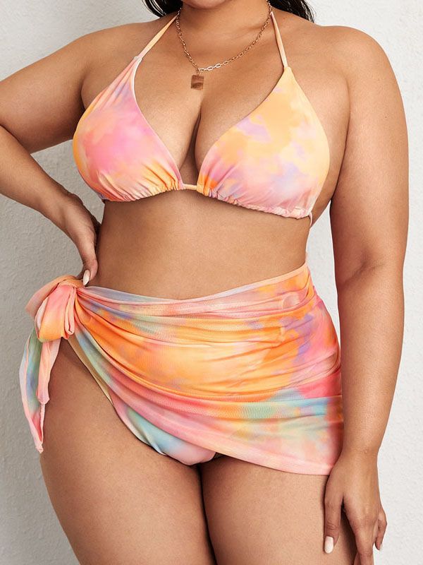 Plus-Size Three-Piece Rainbow Print Strappy Backless Swimsuit