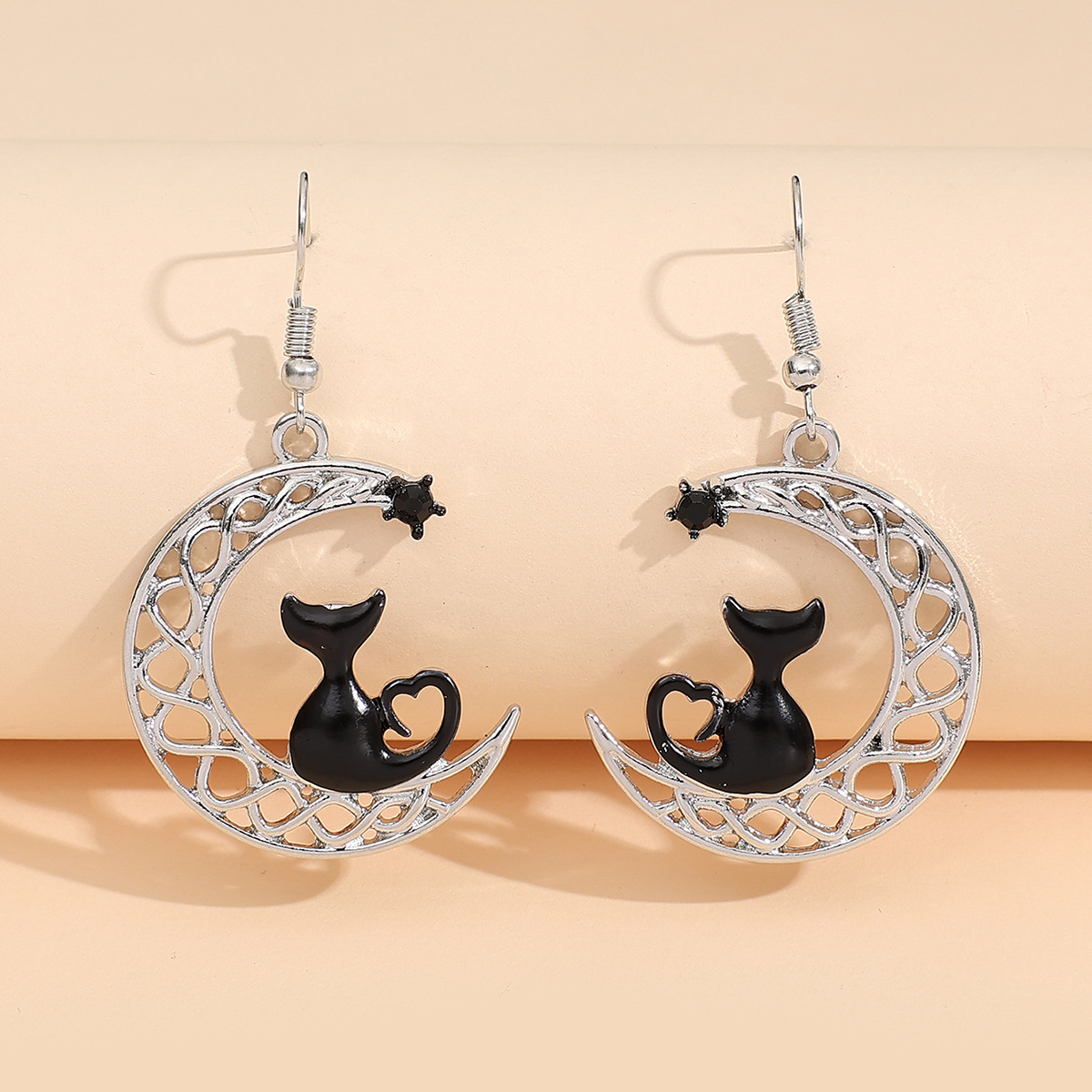 Exquisite And Cute Black Cat Moon Earrings