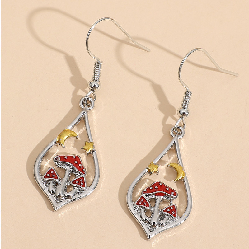 Unique Red Mushroom Gold Moon Star Earrings