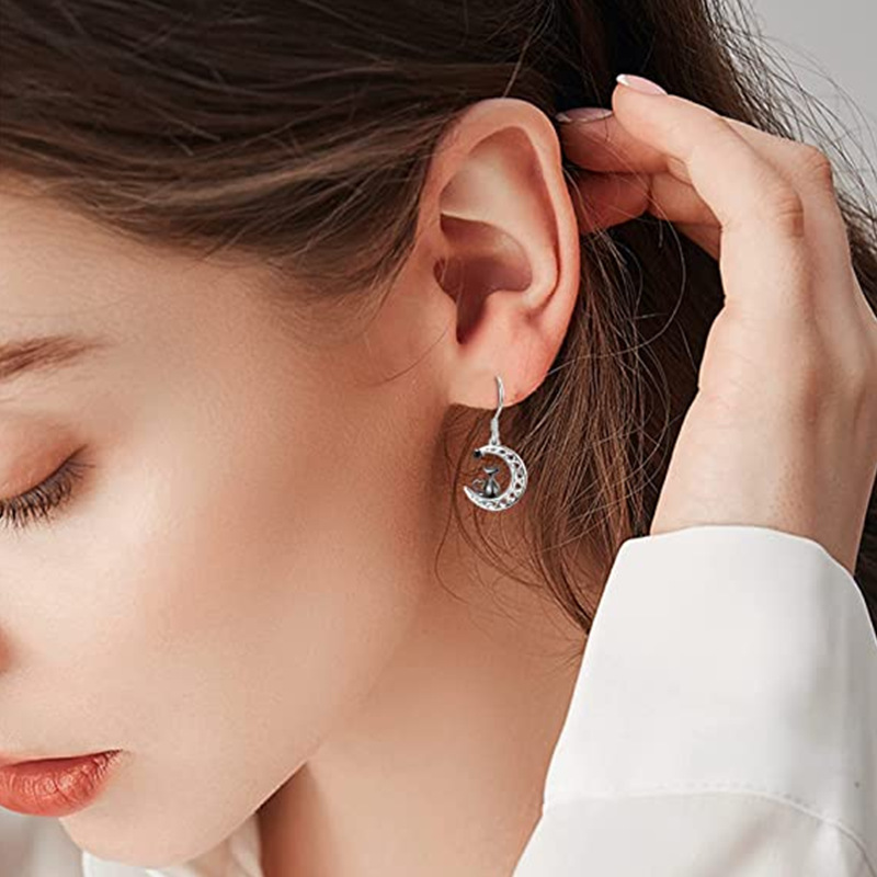 Exquisite And Cute Black Cat Moon Earrings