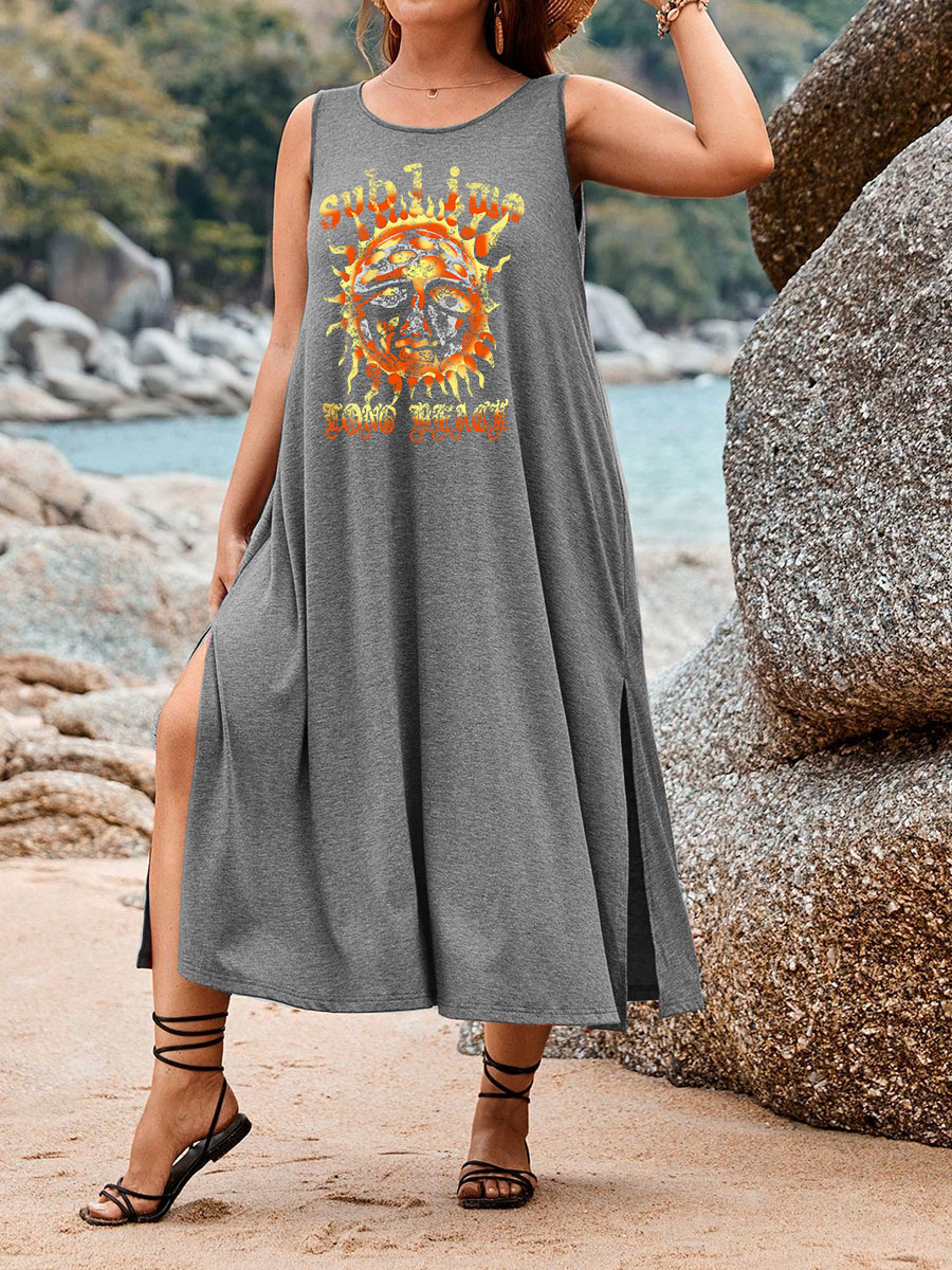 Sun Graphic Loose Casual Split Thigh Tank Dress