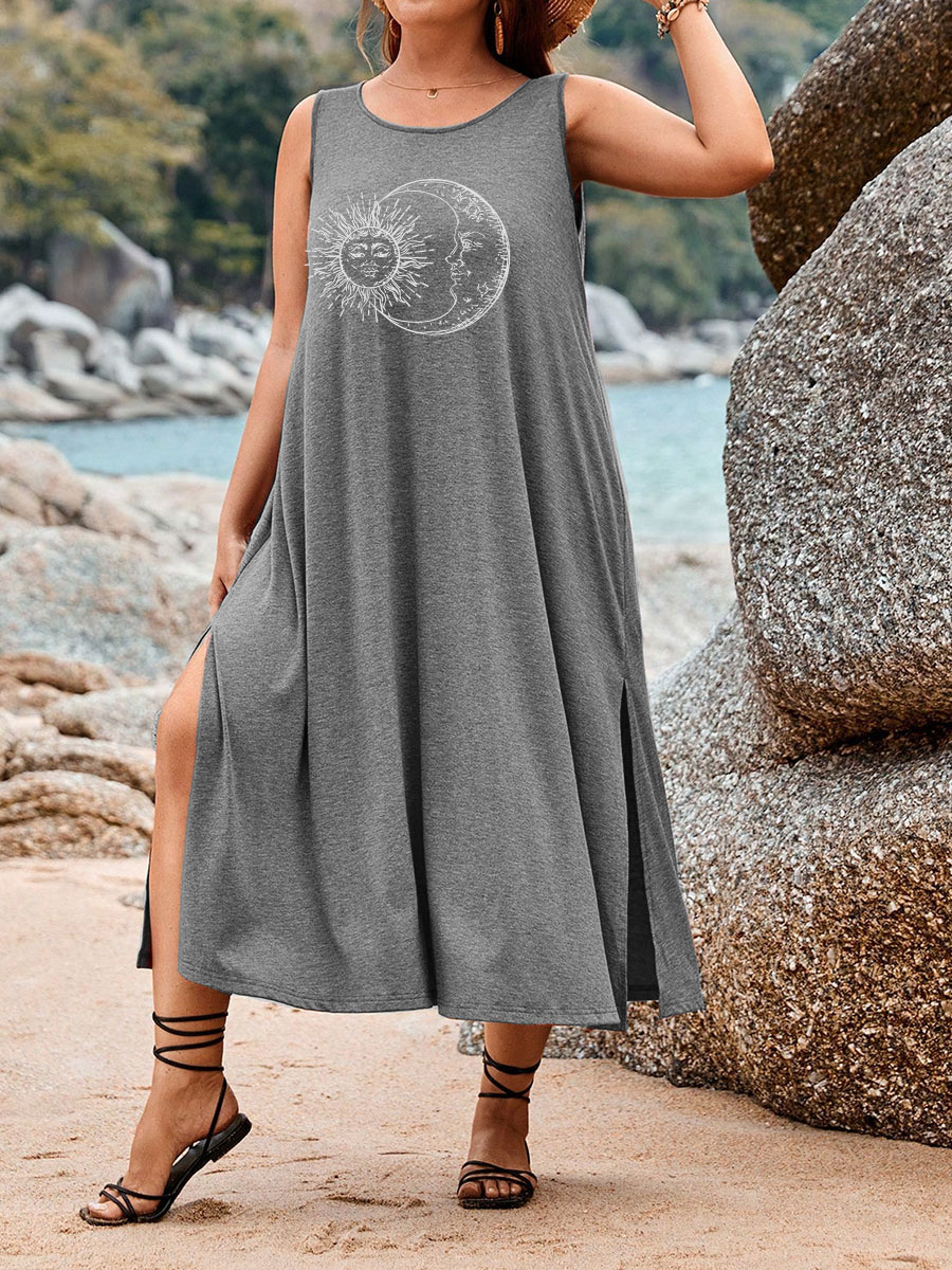 Vintage Sun And Moom Graphic Split Thigh Tank Dress