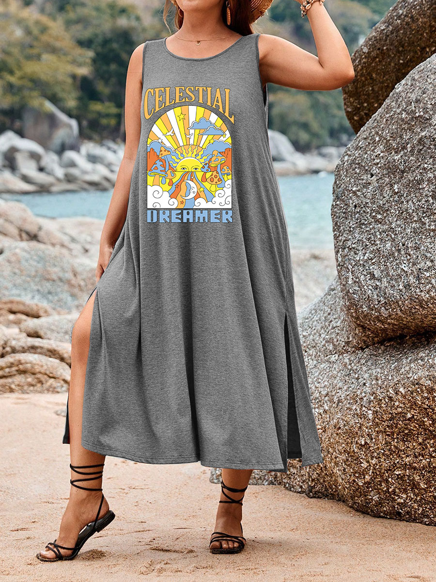 70S Retro Psychedelic Mushroom Split Thigh Tank Dress