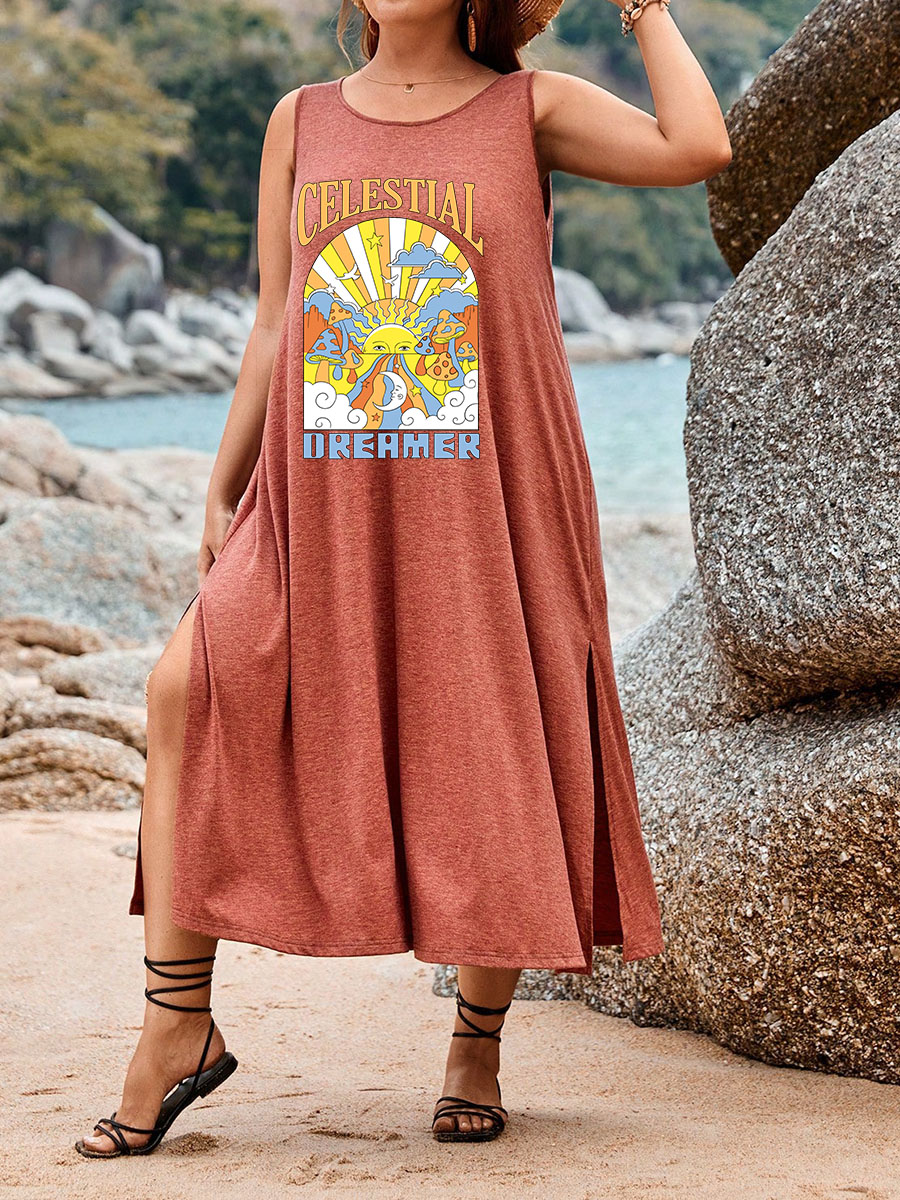 70S Retro Psychedelic Mushroom Split Thigh Tank Dress